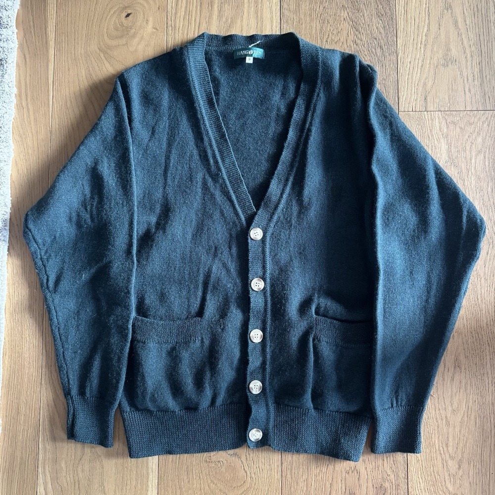 Vintage 80s 90s Hang Ten Men's Small Knit Cardigan Sweater Green Feet Logo